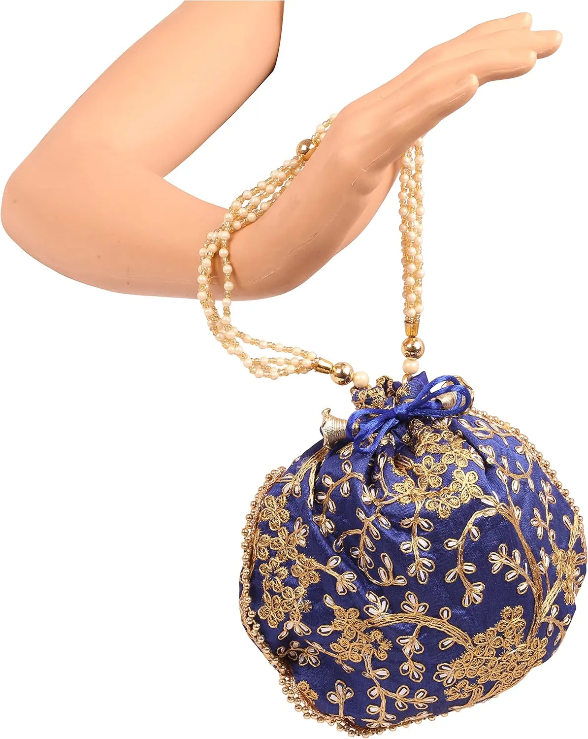 Touchstone Traditional Indian Hand Embroidered Shopping Gifts Jewelry Wedding Faux Pearls Strings Drawstring Bag for Women.