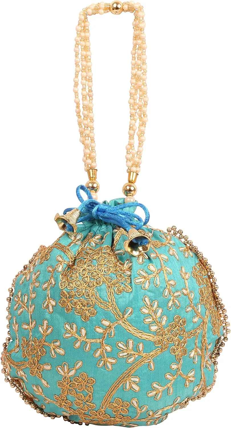 Touchstone Traditional Indian Hand Embroidered Shopping Gifts Jewelry Wedding Faux Pearls Strings Drawstring Bag for Women.
