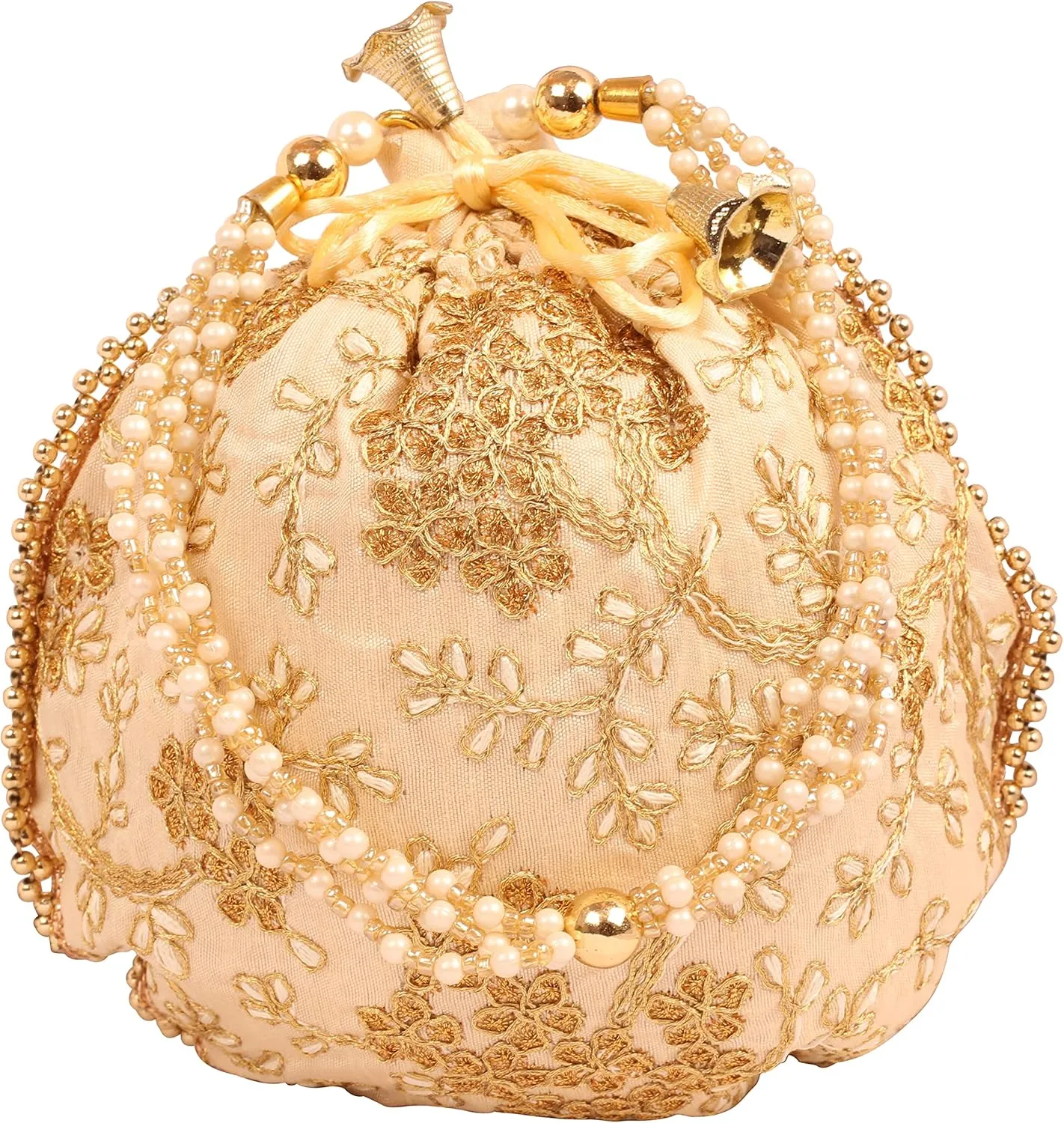 Touchstone Traditional Indian Hand Embroidered Shopping Gifts Jewelry Wedding Faux Pearls Strings Drawstring Bag for Women.