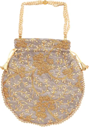 Touchstone Traditional Indian Hand Embroidered Shopping Gifts Jewelry Wedding Faux Pearls Strings Drawstring Bag for Women.