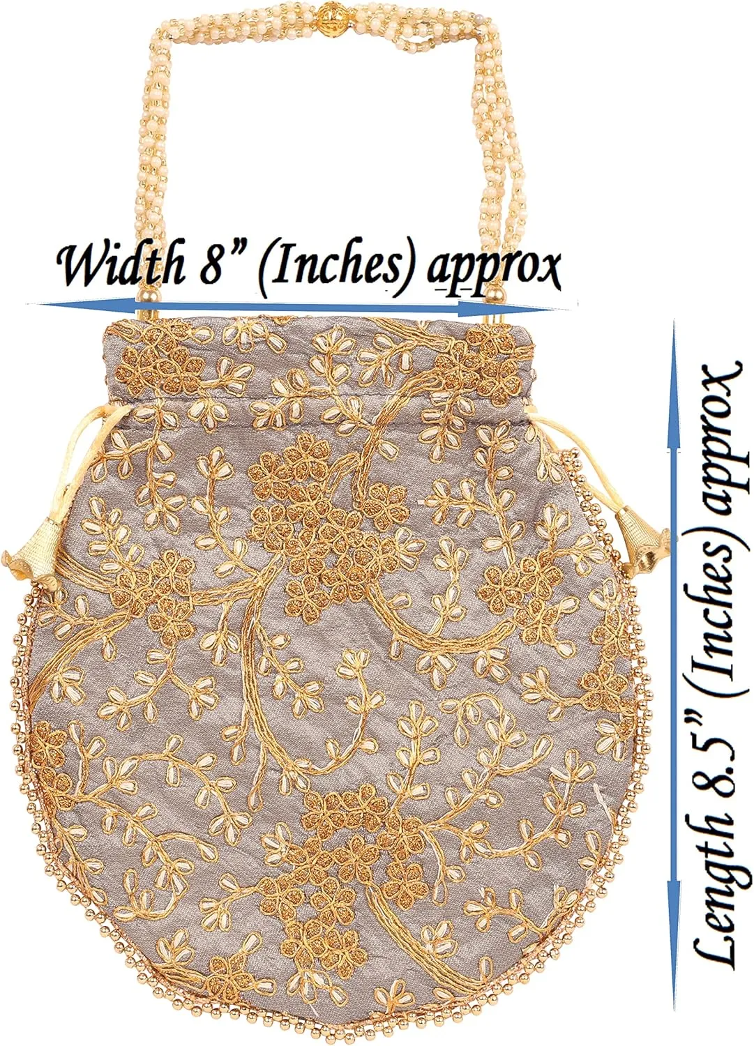 Touchstone Traditional Indian Hand Embroidered Shopping Gifts Jewelry Wedding Faux Pearls Strings Drawstring Bag for Women.