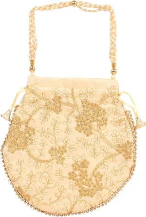 Touchstone Traditional Indian Hand Embroidered Shopping Gifts Jewelry Wedding Faux Pearls Strings Drawstring Bag for Women.