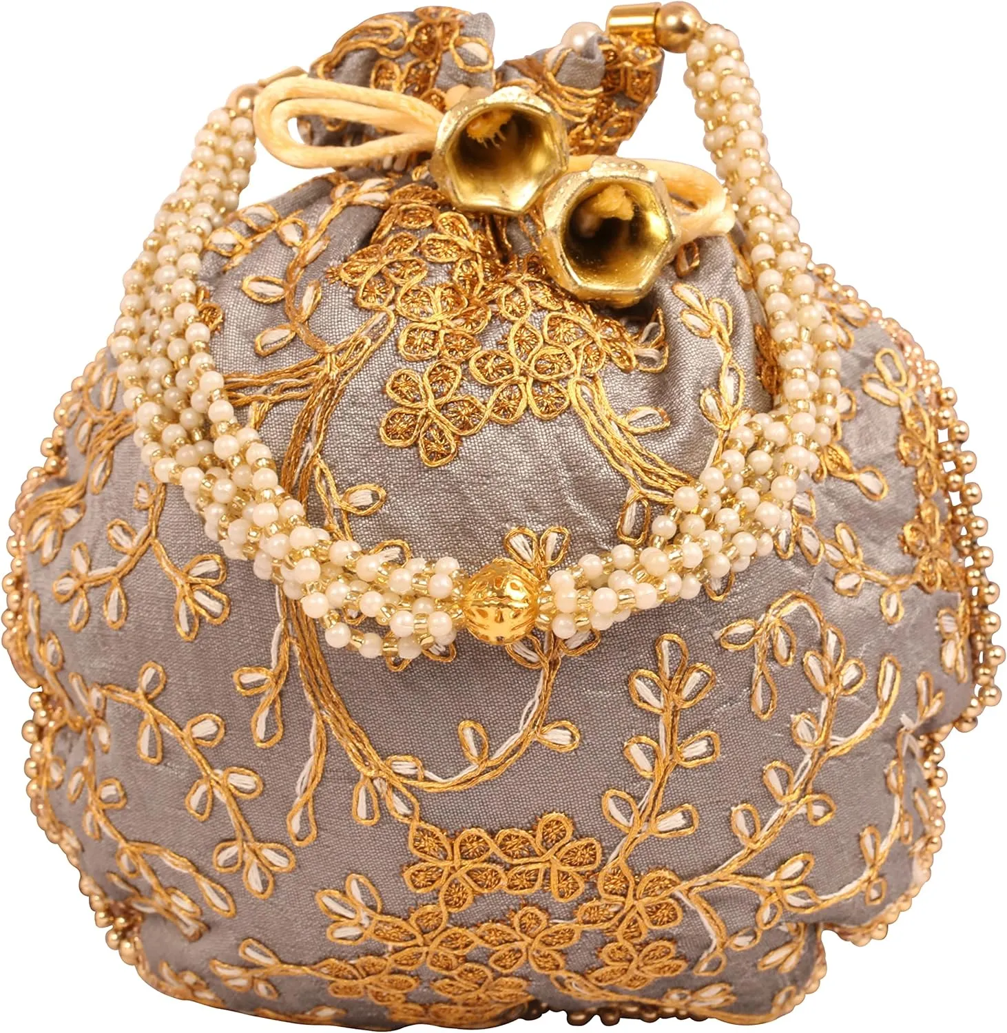 Touchstone Traditional Indian Hand Embroidered Shopping Gifts Jewelry Wedding Faux Pearls Strings Drawstring Bag for Women.