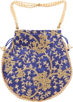 Touchstone Traditional Indian Hand Embroidered Shopping Gifts Jewelry Wedding Faux Pearls Strings Drawstring Bag for Women.
