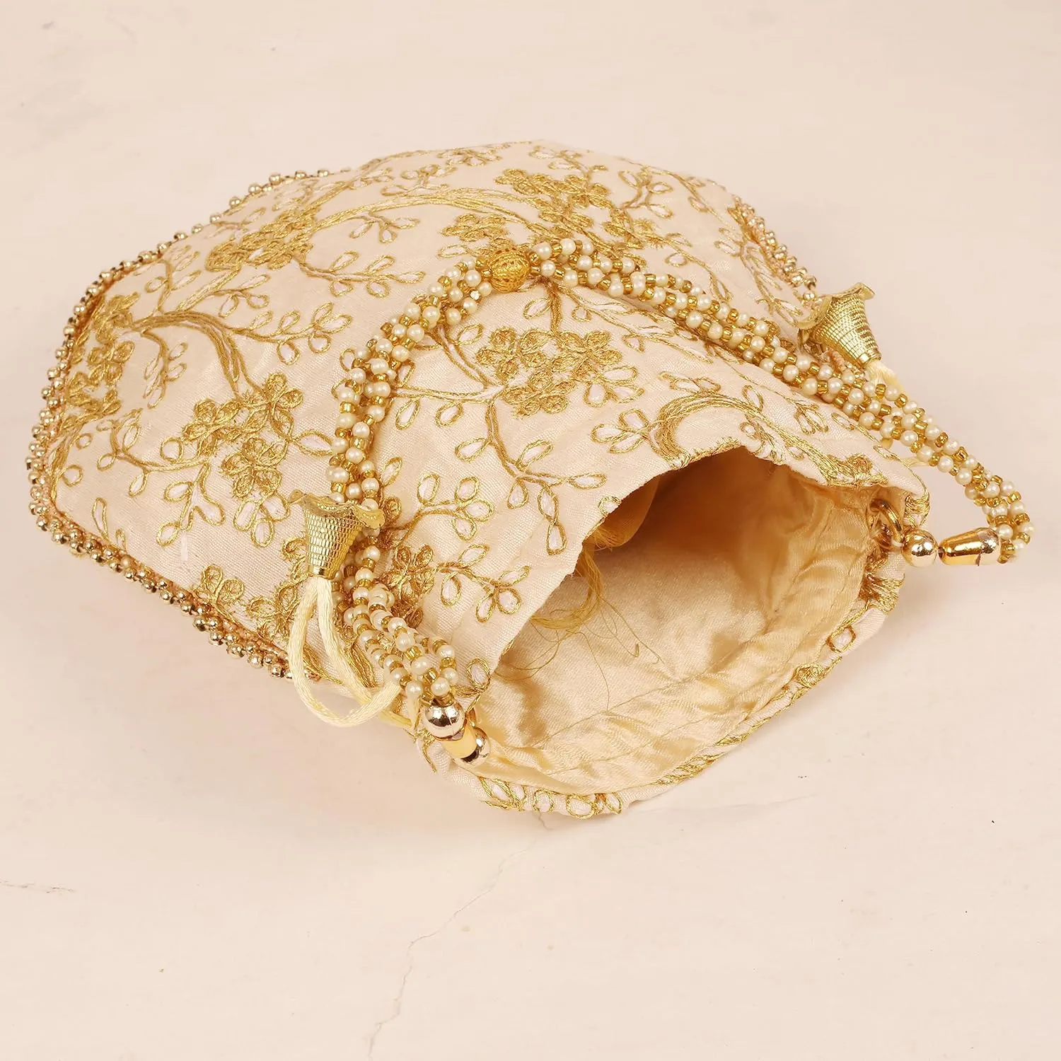 Touchstone Traditional Indian Hand Embroidered Shopping Gifts Jewelry Wedding Faux Pearls Strings Drawstring Bag for Women.