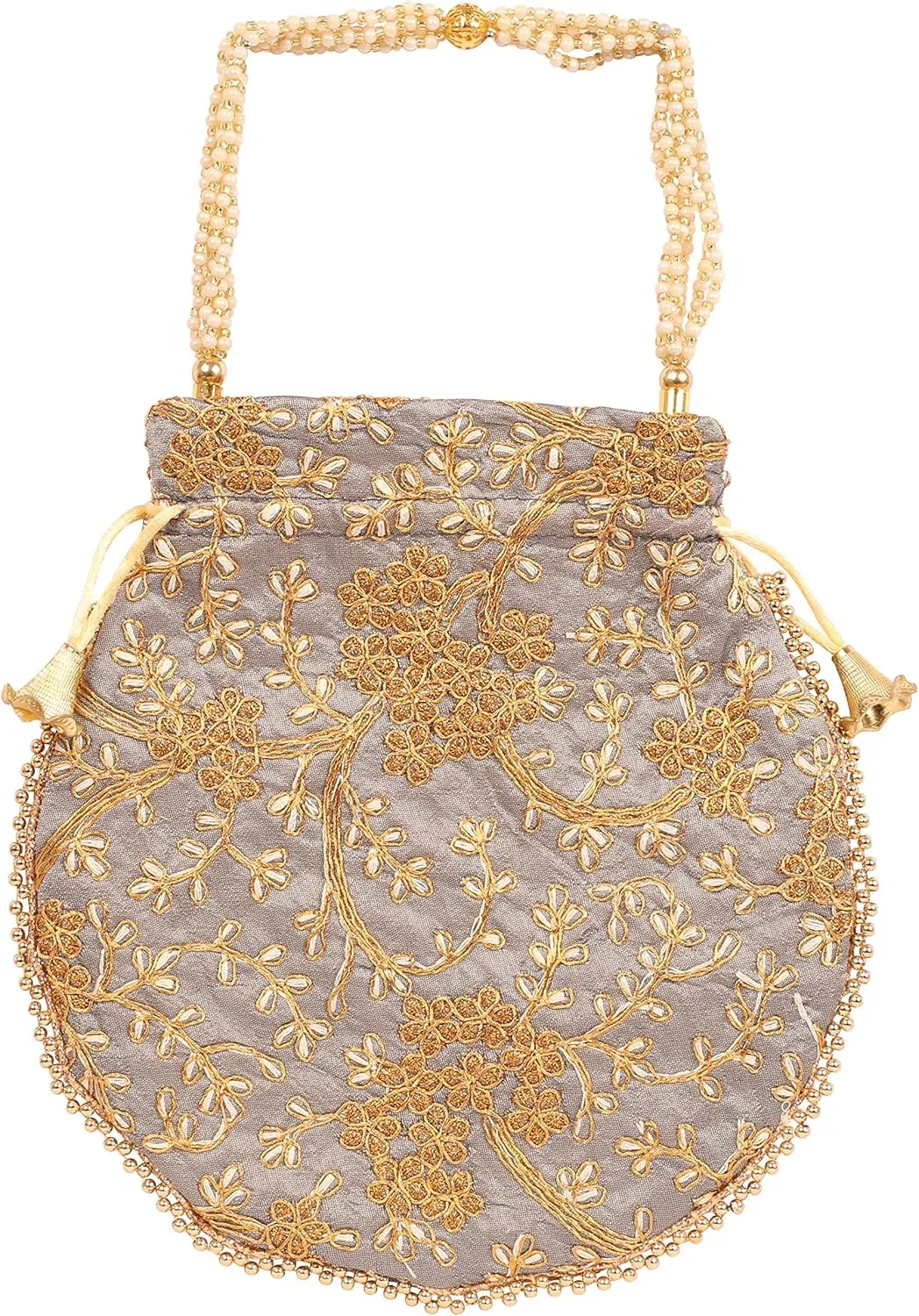 Touchstone Traditional Indian Hand Embroidered Shopping Gifts Jewelry Wedding Faux Pearls Strings Drawstring Bag for Women.