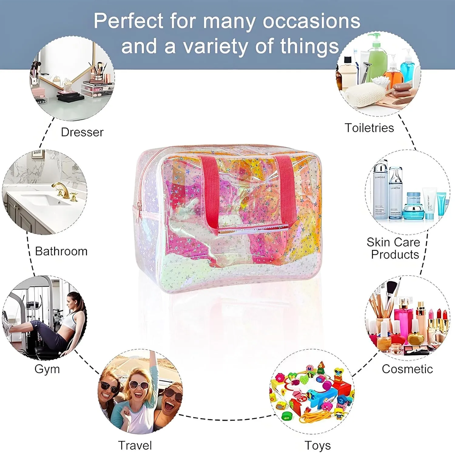 TPU Holographic Clear Star Large Cosmetic Bag and Travel Pouch with Handle,Durable TPU Material,Zipper Design-Ideal for Makeup,Travel Essentials (Holographic pink)