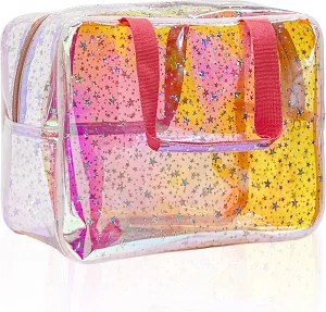 TPU Holographic Clear Star Large Cosmetic Bag and Travel Pouch with Handle,Durable TPU Material,Zipper Design-Ideal for Makeup,Travel Essentials (Holographic pink)
