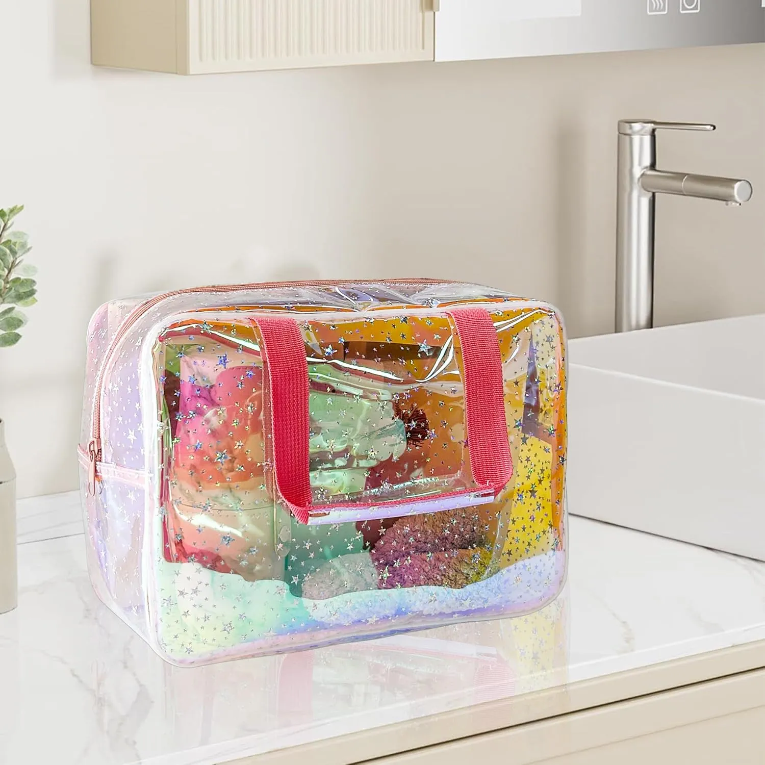 TPU Holographic Clear Star Large Cosmetic Bag and Travel Pouch with Handle,Durable TPU Material,Zipper Design-Ideal for Makeup,Travel Essentials (Holographic pink)