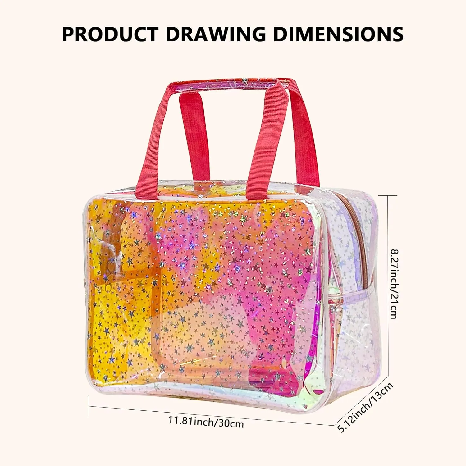 TPU Holographic Clear Star Large Cosmetic Bag and Travel Pouch with Handle,Durable TPU Material,Zipper Design-Ideal for Makeup,Travel Essentials (Holographic pink)