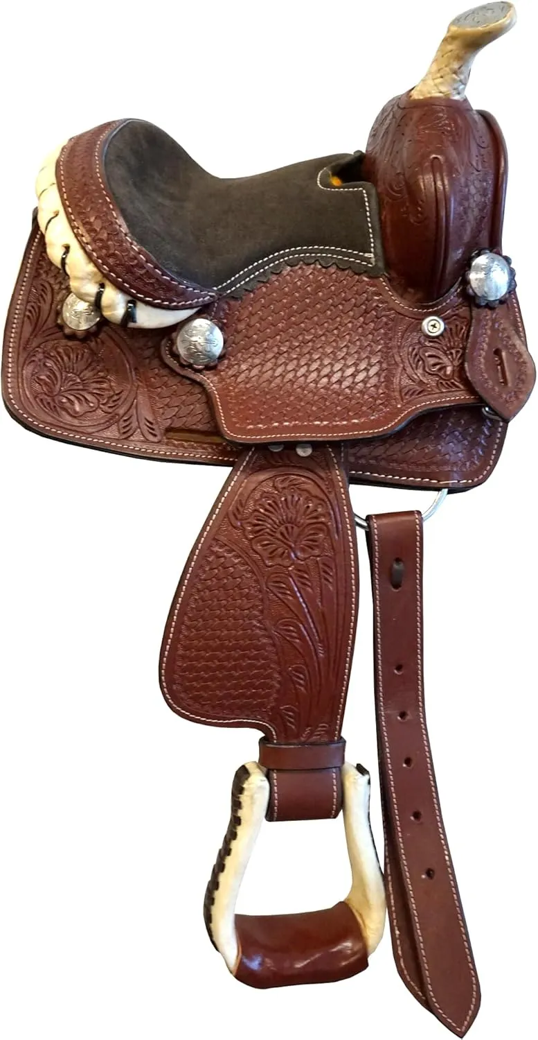 Traditional Western Mini Pony Trail Barrel Saddle 8" for Kids Youth Child Suede Seat Brown