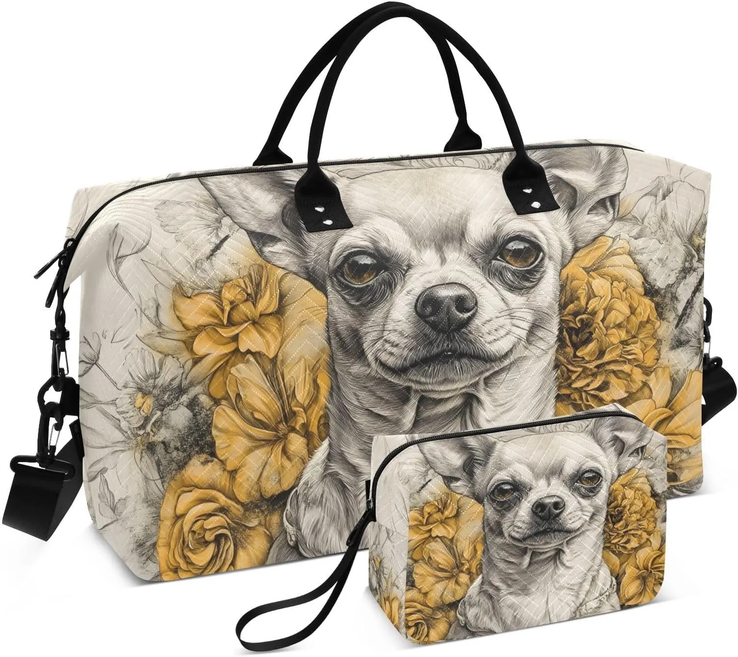 Travel Duffel Bag Chihuahua Floral Cute, Gym Bags with Multiple Interior Pockets for Men Women Toiletry Purse Included 20.5”x 1.9” x 13.8”