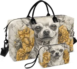 Travel Duffel Bag Chihuahua Floral Cute, Gym Bags with Multiple Interior Pockets for Men Women Toiletry Purse Included 20.5”x 1.9” x 13.8”
