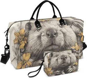 Travel Duffel Bag Floral Cute Beaver, Gym Bags with Multiple Interior Pockets for Men Women Toiletry Purse Included 20.5”x 1.9” x 13.8”