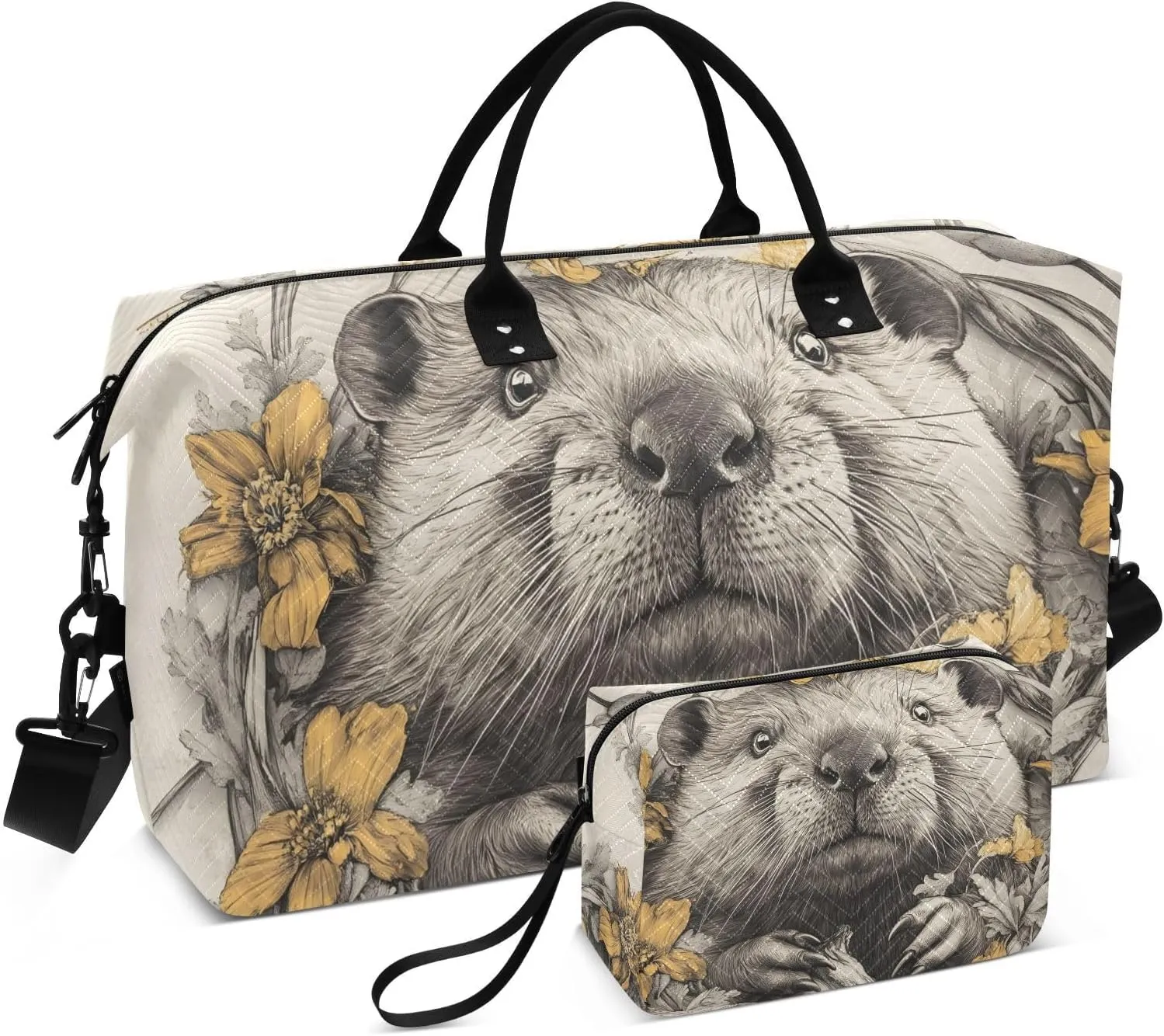 Travel Duffel Bag Floral Cute Beaver, Gym Bags with Multiple Interior Pockets for Men Women Toiletry Purse Included 20.5”x 1.9” x 13.8”