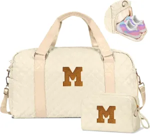 Travel Duffle Bag, Weekender Bags for Women, Personalized Gym Bag for Girls, Monogram Overnight Bag, Birthday Gift for Kids, Teens, Women, Mom, Teacher, 007Travel bag-off white-M