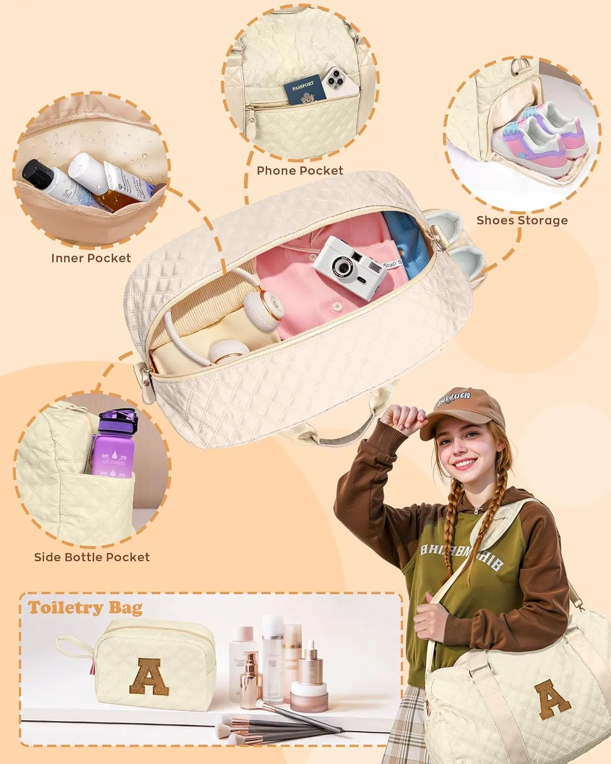 Travel Duffle Bag, Weekender Bags for Women, Personalized Gym Bag for Girls, Monogram Overnight Bag, Birthday Gift for Kids, Teens, Women, Mom, Teacher, 007Travel bag-off white-M