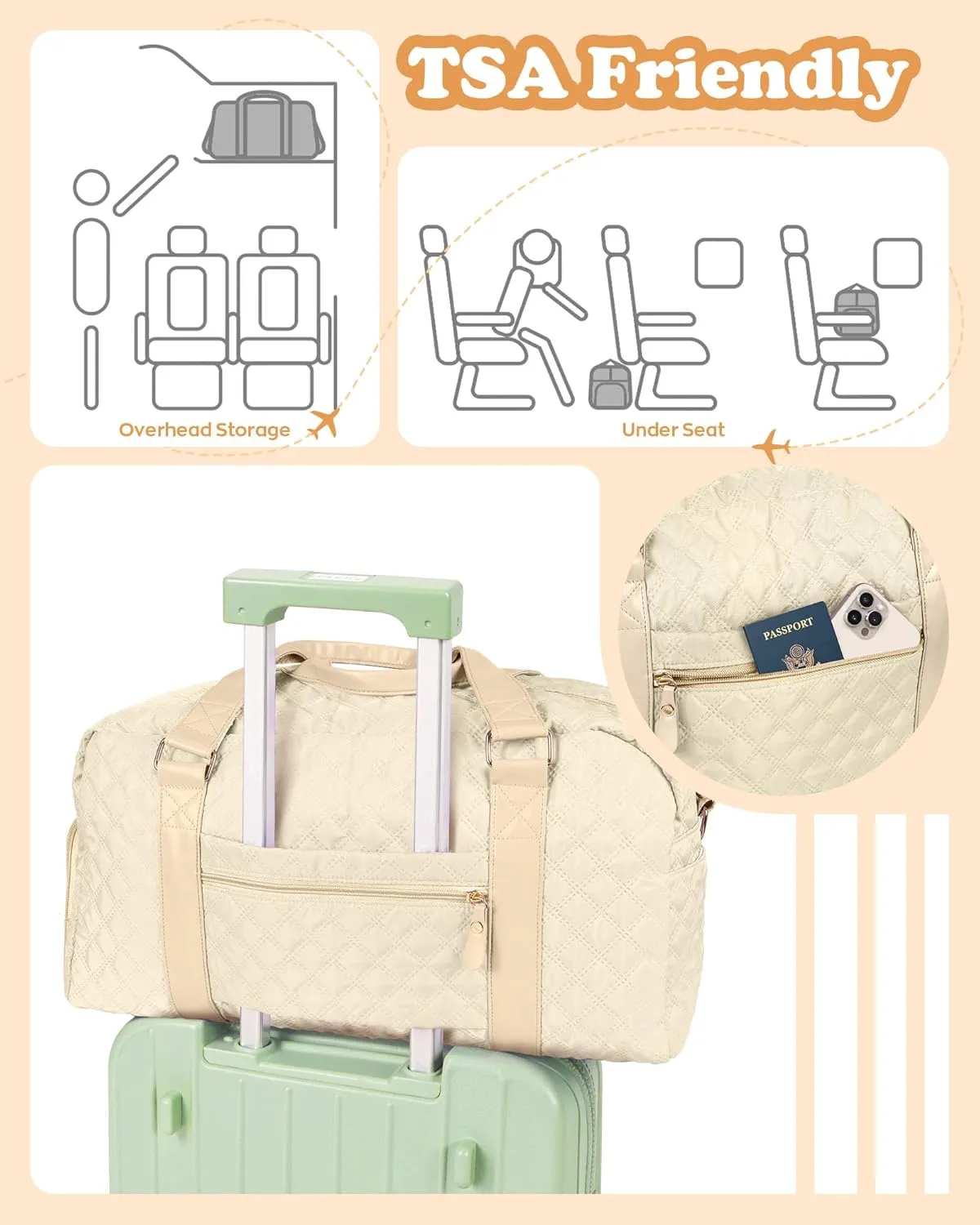 Travel Duffle Bag, Weekender Bags for Women, Personalized Gym Bag for Girls, Monogram Overnight Bag, Birthday Gift for Kids, Teens, Women, Mom, Teacher, 007Travel bag-off white-M