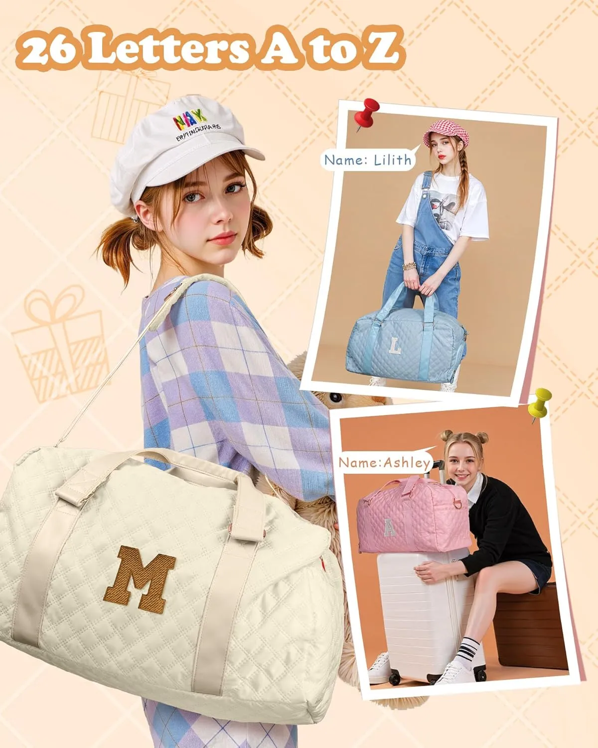 Travel Duffle Bag, Weekender Bags for Women, Personalized Gym Bag for Girls, Monogram Overnight Bag, Birthday Gift for Kids, Teens, Women, Mom, Teacher, 007Travel bag-off white-M