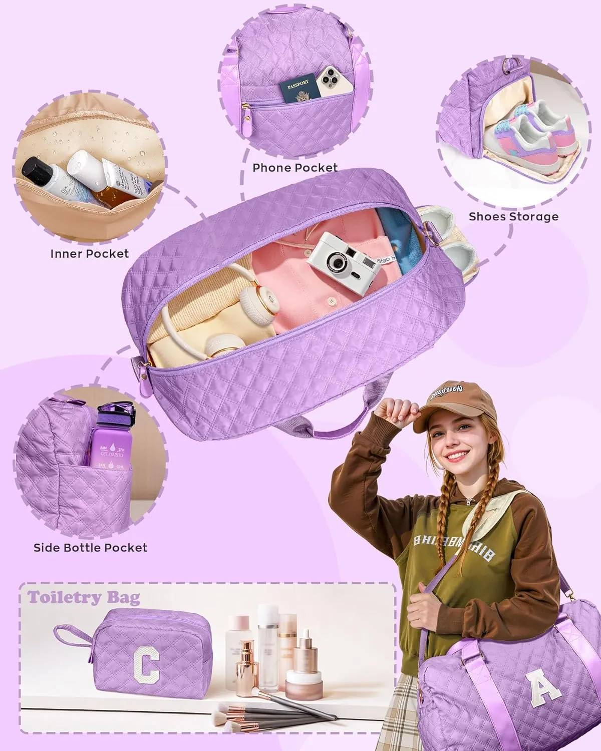 Travel Duffle Bag, Weekender Bags for Women, Personalized Gym Bag for Girls, Monogram Overnight Bag, Birthday Gift for Kids, Teens, Women, Mom, Teacher, 007Travel bag-purple-M