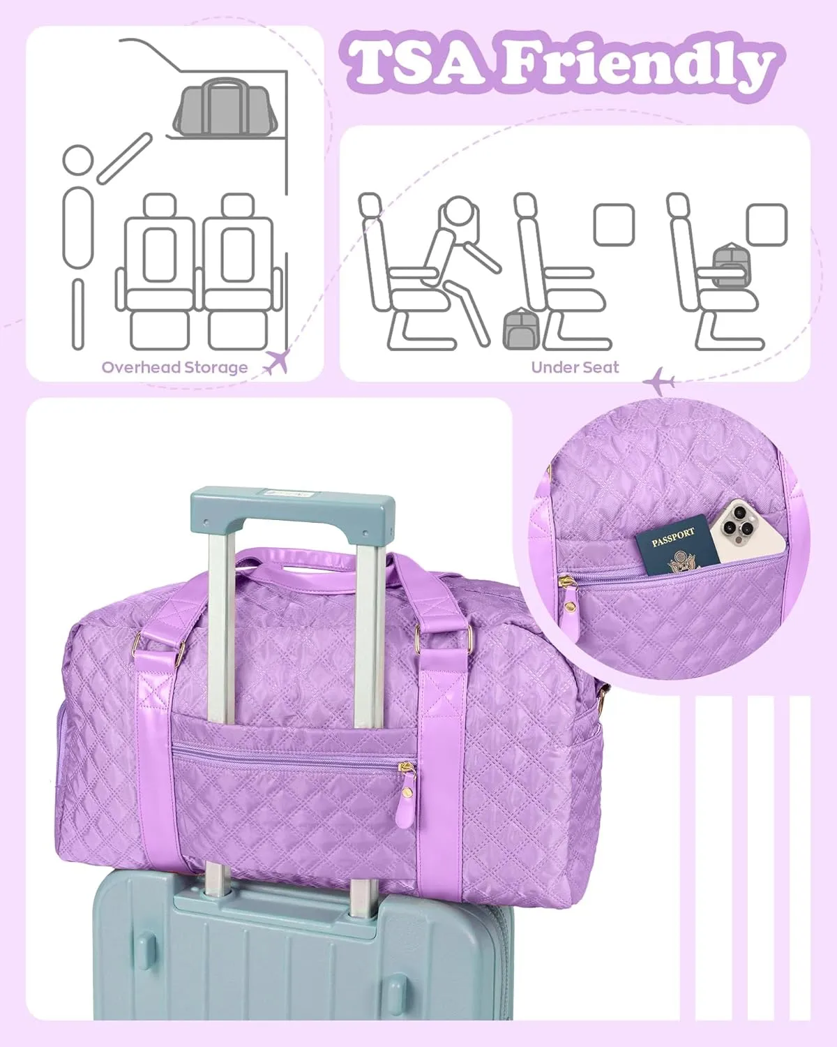 Travel Duffle Bag, Weekender Bags for Women, Personalized Gym Bag for Girls, Monogram Overnight Bag, Birthday Gift for Kids, Teens, Women, Mom, Teacher, 007Travel bag-purple-M