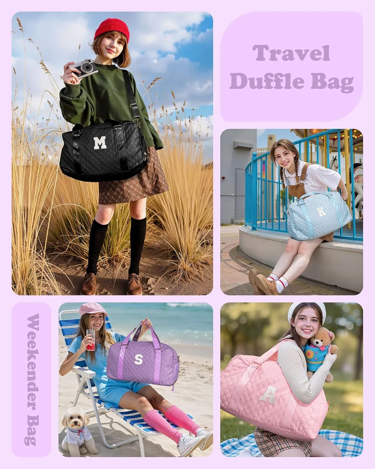 Travel Duffle Bag, Weekender Bags for Women, Personalized Gym Bag for Girls, Monogram Overnight Bag, Birthday Gift for Kids, Teens, Women, Mom, Teacher, 007Travel bag-purple-M