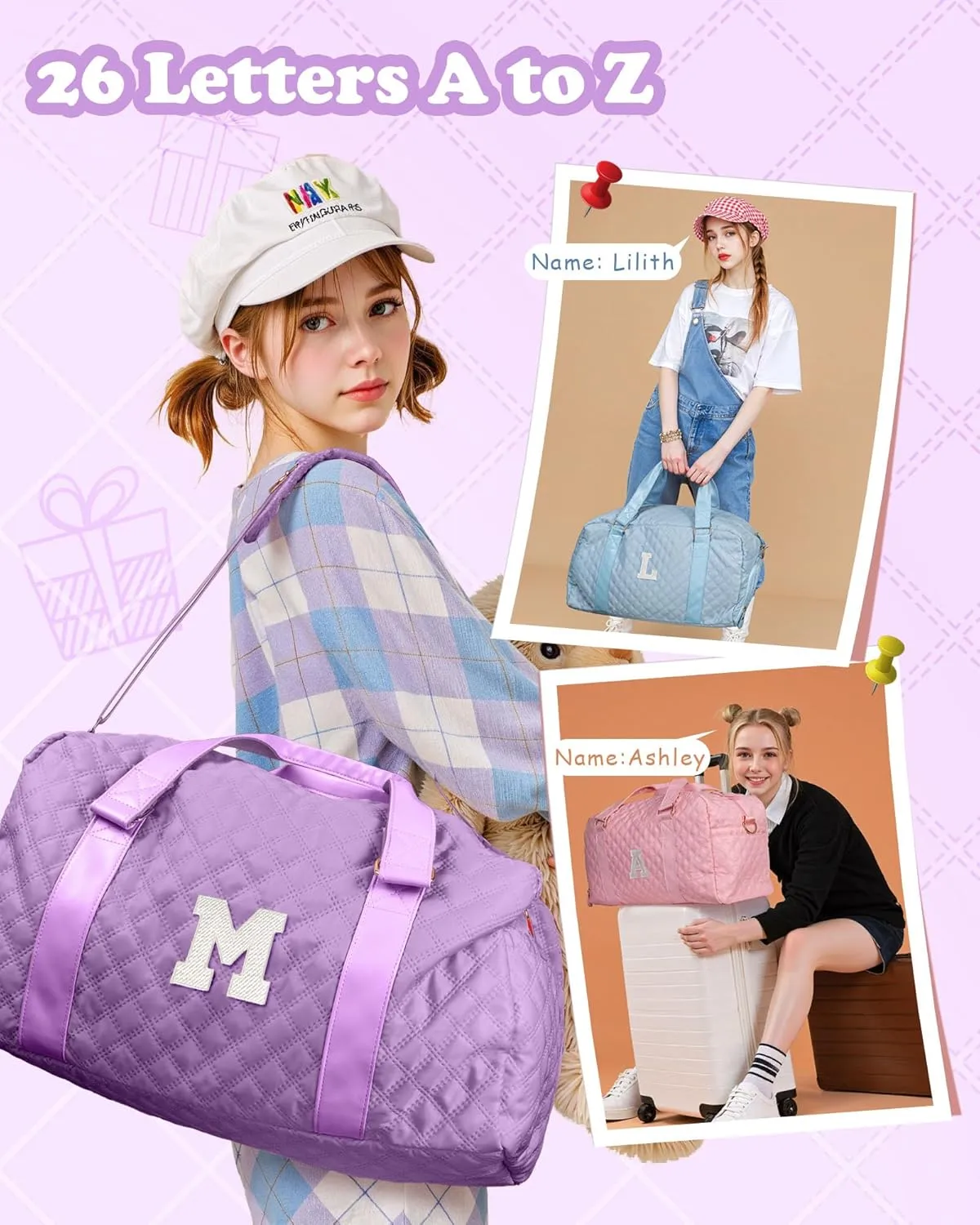 Travel Duffle Bag, Weekender Bags for Women, Personalized Gym Bag for Girls, Monogram Overnight Bag, Birthday Gift for Kids, Teens, Women, Mom, Teacher, 007Travel bag-purple-M