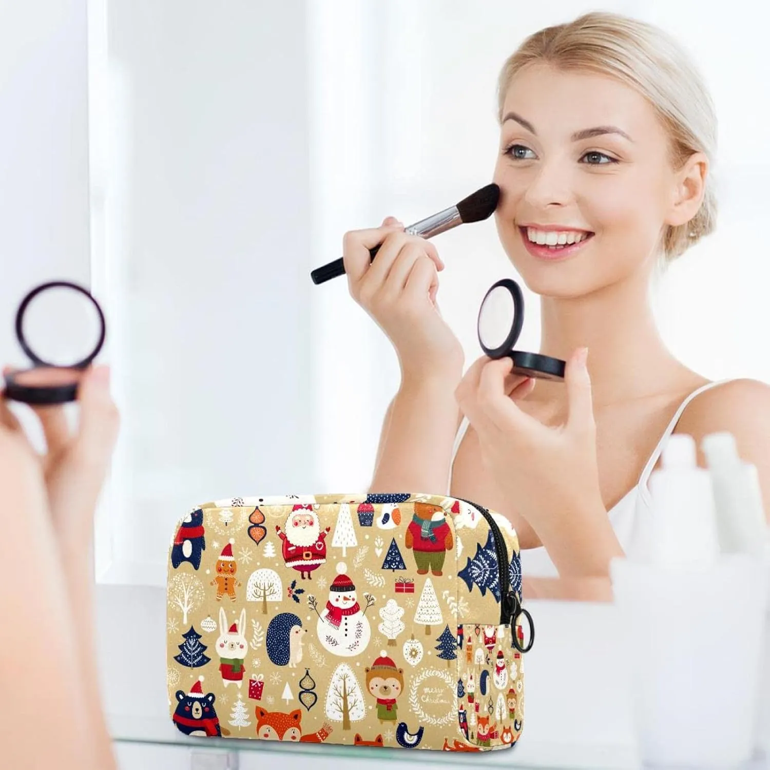 Travel Makeup Bag for Women, Animals & Santa Snowman Travel Cosmetic Bag Pencil Case Portable Makeup Pouch Toiletry Bag for Girls