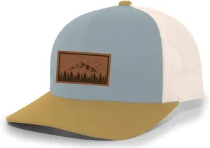 Trenz Shirt Company Mountain Scene Tamarak Pine Forest Laser Engraved Leather Patch Mesh Back Trucker Ha