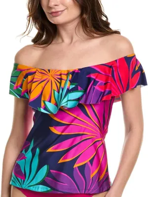 Trina Turk Women's Monaco Ruffle Tankini, Off Shoulder, Swimsuit Tops