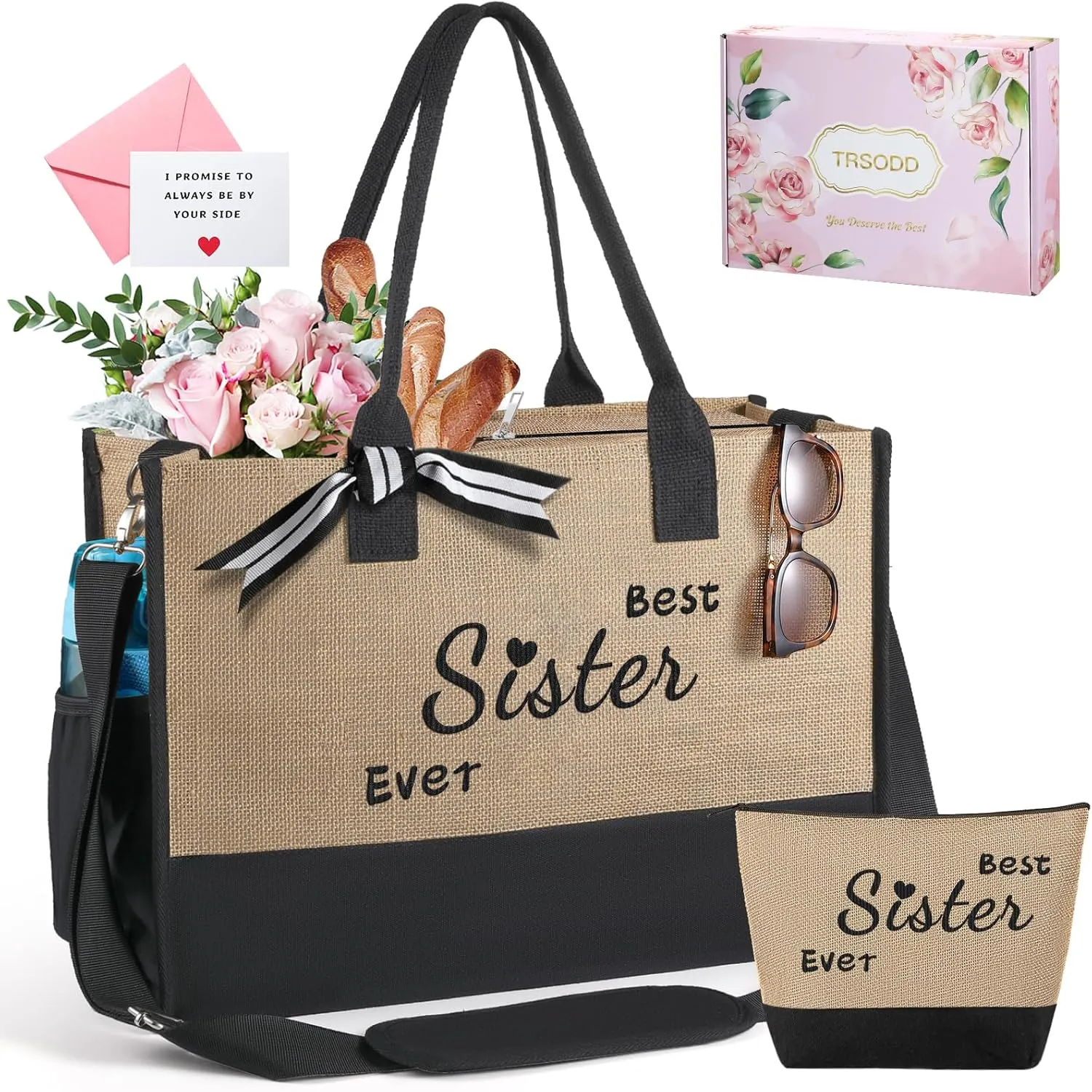 TRSODD Mothers Day Gifts for Sister Friends Birthday Gifts for Her Jute Embroidered Tote Bag for Women and Makeup Bag