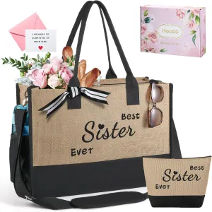 TRSODD Mothers Day Gifts for Sister Friends Birthday Gifts for Her Jute Embroidered Tote Bag for Women and Makeup Bag