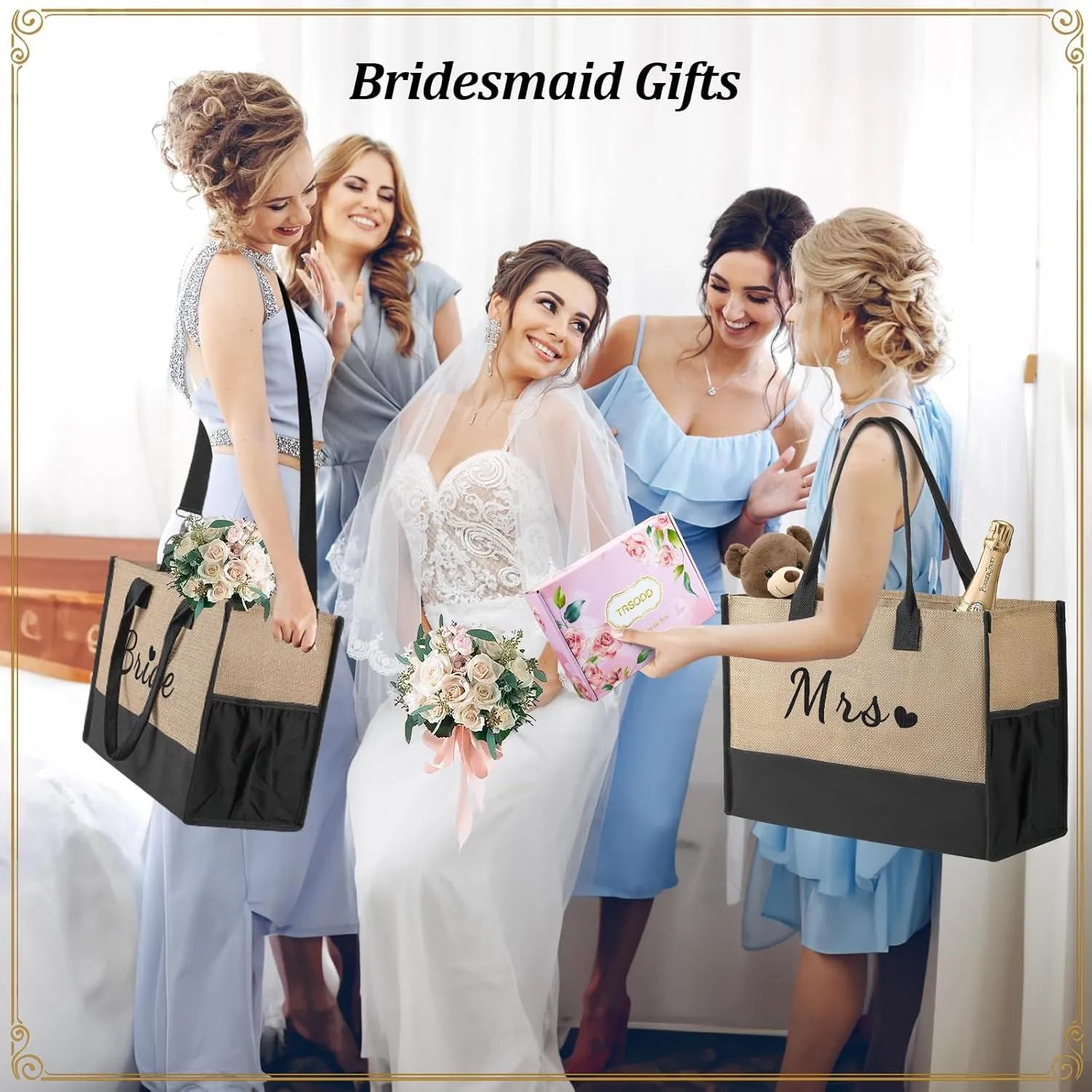 TRSODD Mothers Day Gifts for Sister Friends Birthday Gifts for Her Jute Embroidered Tote Bag for Women and Makeup Bag