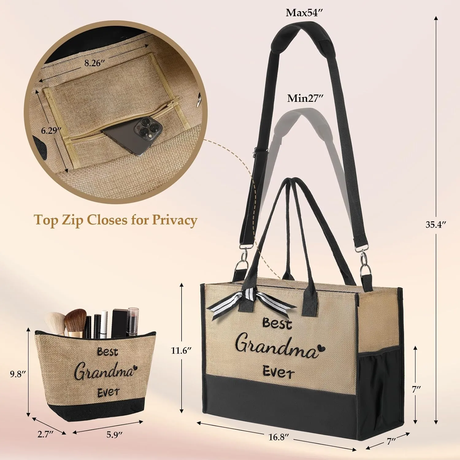 TRSODD Mothers Day Gifts for Sister Friends Birthday Gifts for Her Jute Embroidered Tote Bag for Women and Makeup Bag