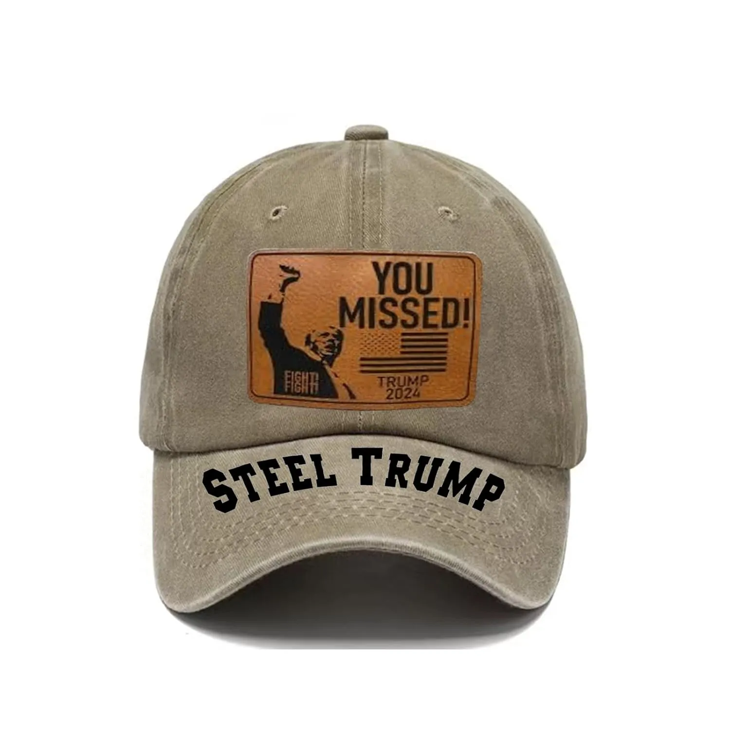 Trump Shootout Never Surrender Trucker Hat Conservative Party Hat Laser Engraved Leather Patch Hat Adjustable Size Concave Baseball Cap Sun Shade Gift Collection (light brown)