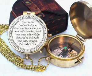 Trust in The Lord -Proverbs 3: 5-6 Quote Engraved Compass | Camping Compass Inspirational Christian Religious Gifts Men Women Catholic 2024 Graduation Gift Boys Girls
