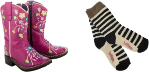 TuffRider Children's Floral Cowgirl Western Boot - Hot Pink With Free Assorted Striped Socks