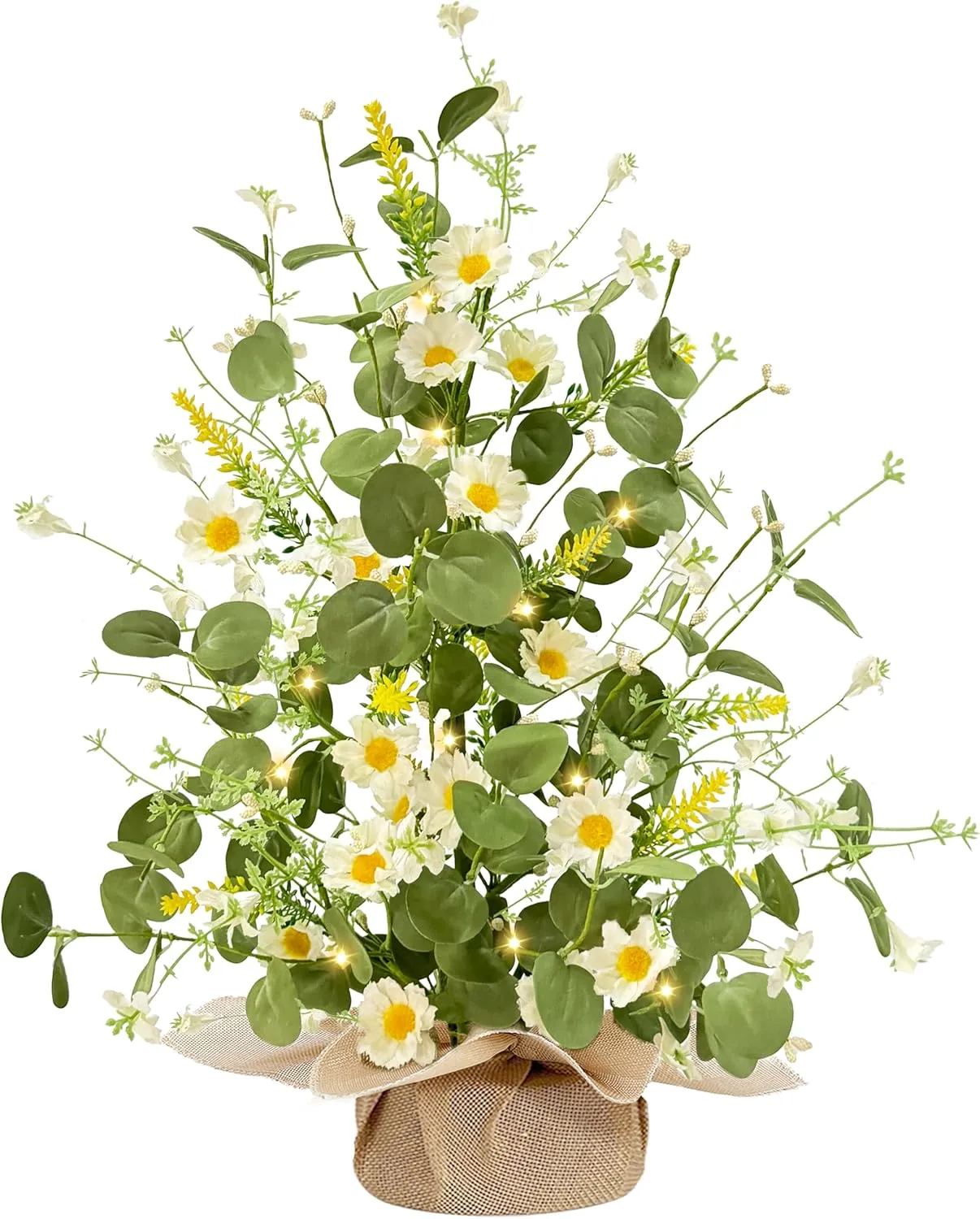 TURNMEON Summer Decor, 22 Inch Artificial Tabletop Tree with White Daisy Eucalyptus Lavender Silk Floral, 20 LED Warm Light, Linen Base Timer - Easy DIY Home Decor for Party, Holiday, Table Bedroom