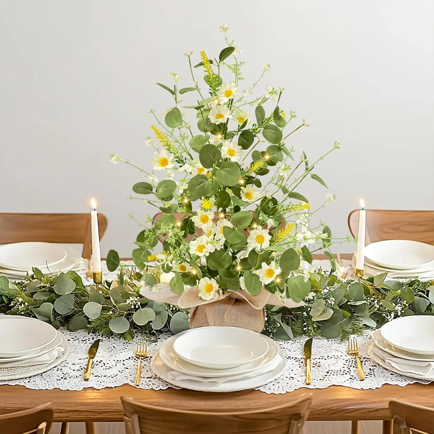 TURNMEON Summer Decor, 22 Inch Artificial Tabletop Tree with White Daisy Eucalyptus Lavender Silk Floral, 20 LED Warm Light, Linen Base Timer - Easy DIY Home Decor for Party, Holiday, Table Bedroom