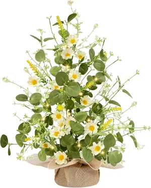 TURNMEON Summer Decor, 22 Inch Artificial Tabletop Tree with White Daisy Eucalyptus Lavender Silk Floral, 20 LED Warm Light, Linen Base Timer - Easy DIY Home Decor for Party, Holiday, Table Bedroom