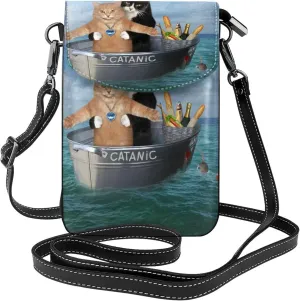 Two Brave Cats Print Small Crossbody Bags for Women Leather Cell Phone Purses Mini Leather Shoulder Handbag Adjustable Strap