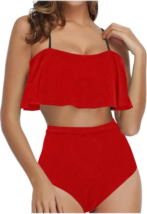 Two Piece Swimsuits Women High Waisted Bikini Teen Ruffle Tummy Control High Waist Bottoms Bathing Suits Swimwear