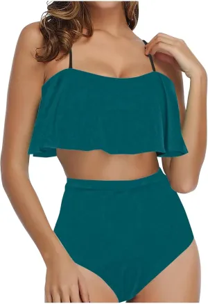 Two Piece Swimsuits Women High Waisted Bikini Teen Ruffle Tummy Control High Waist Bottoms Bathing Suits Swimwear