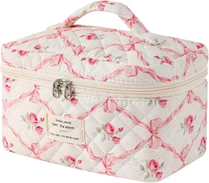 uekeboag Large Quilted Makeup Bag, Cotton Quilted Toiletry Bag for Women,Floral Coquette Makeup Bag,Cute Kawaii Travel Cosmetic Bags(07Pink Bows)