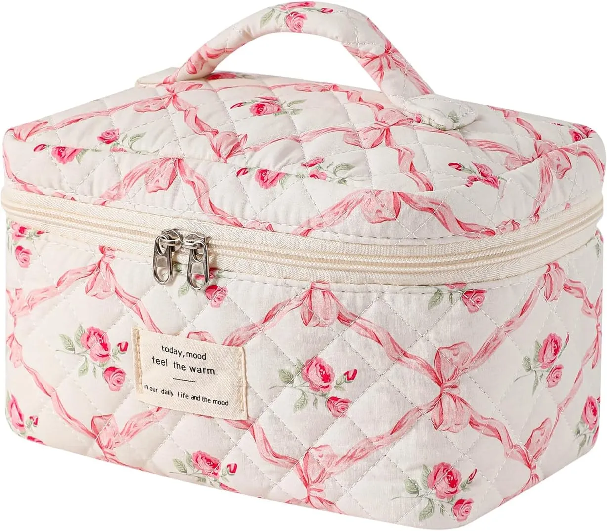 uekeboag Large Quilted Makeup Bag, Cotton Quilted Toiletry Bag for Women,Floral Coquette Makeup Bag,Cute Kawaii Travel Cosmetic Bags(07Pink Bows)