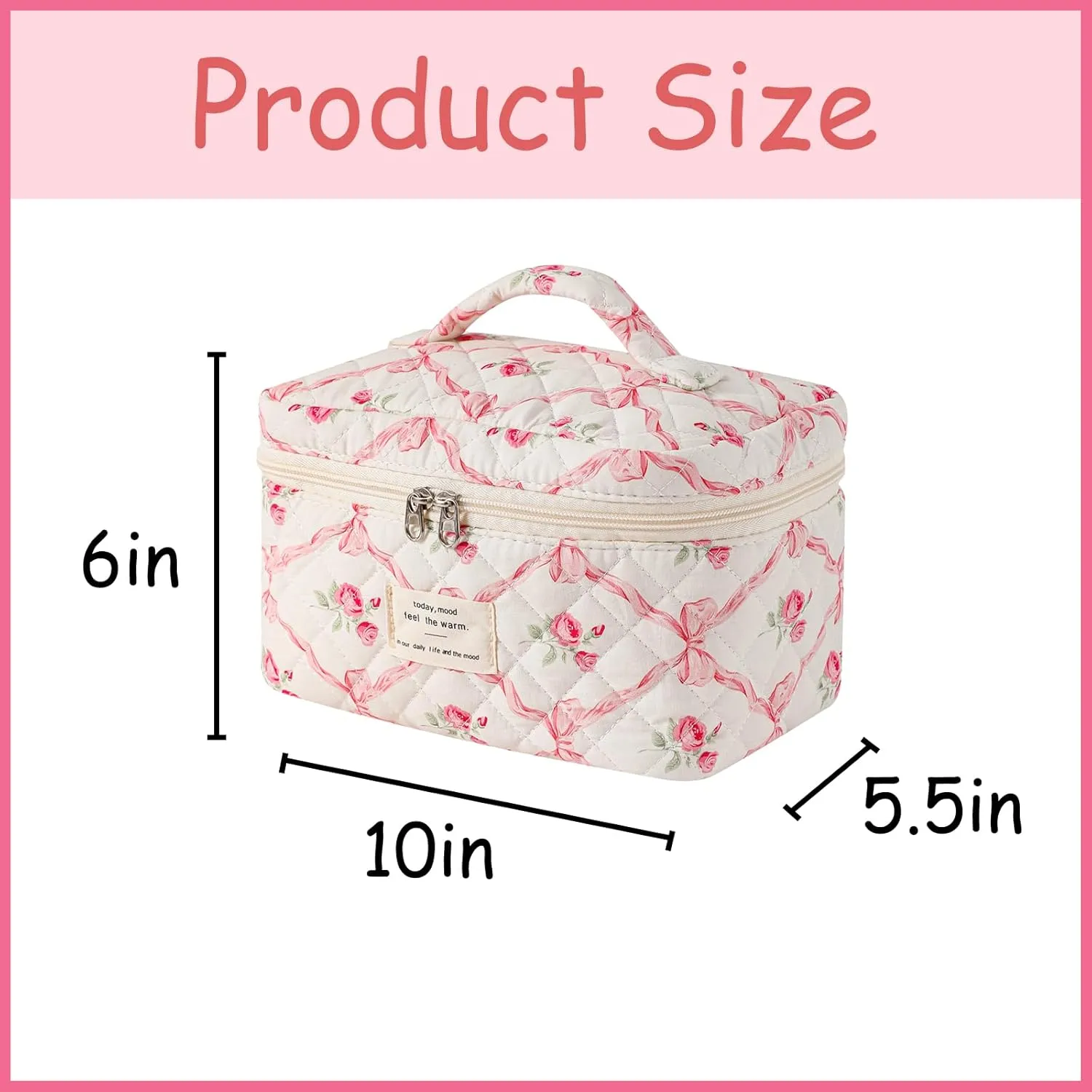 uekeboag Large Quilted Makeup Bag, Cotton Quilted Toiletry Bag for Women,Floral Coquette Makeup Bag,Cute Kawaii Travel Cosmetic Bags(07Pink Bows)