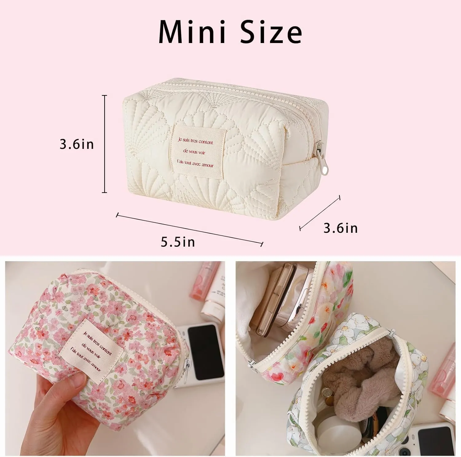 uekeboag Small Floral Quilted Cotton Makeup Pouch for Women and girls,Coquette Quilted Toiletry Bag,Cute Aesthetic Mini Bag, Kawaii Travel Cosmetic Bags(04White shell)