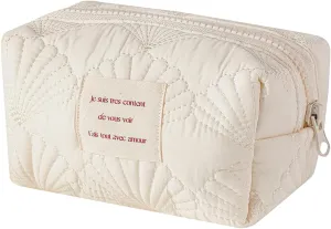 uekeboag Small Floral Quilted Cotton Makeup Pouch for Women and girls,Coquette Quilted Toiletry Bag,Cute Aesthetic Mini Bag, Kawaii Travel Cosmetic Bags(04White shell)