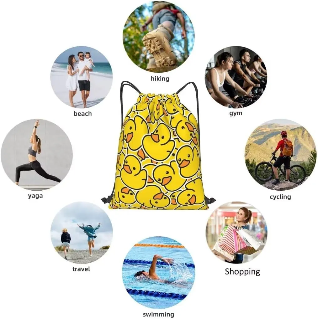 Unique Rubber Duck Drawstring Bags a Bunch of Yellow Rubber Ducks Cartoon Animal Overlay String Bags for Women Men Cute Animal Print Sport Gym Sack Casual Backpack for Yoga Travel