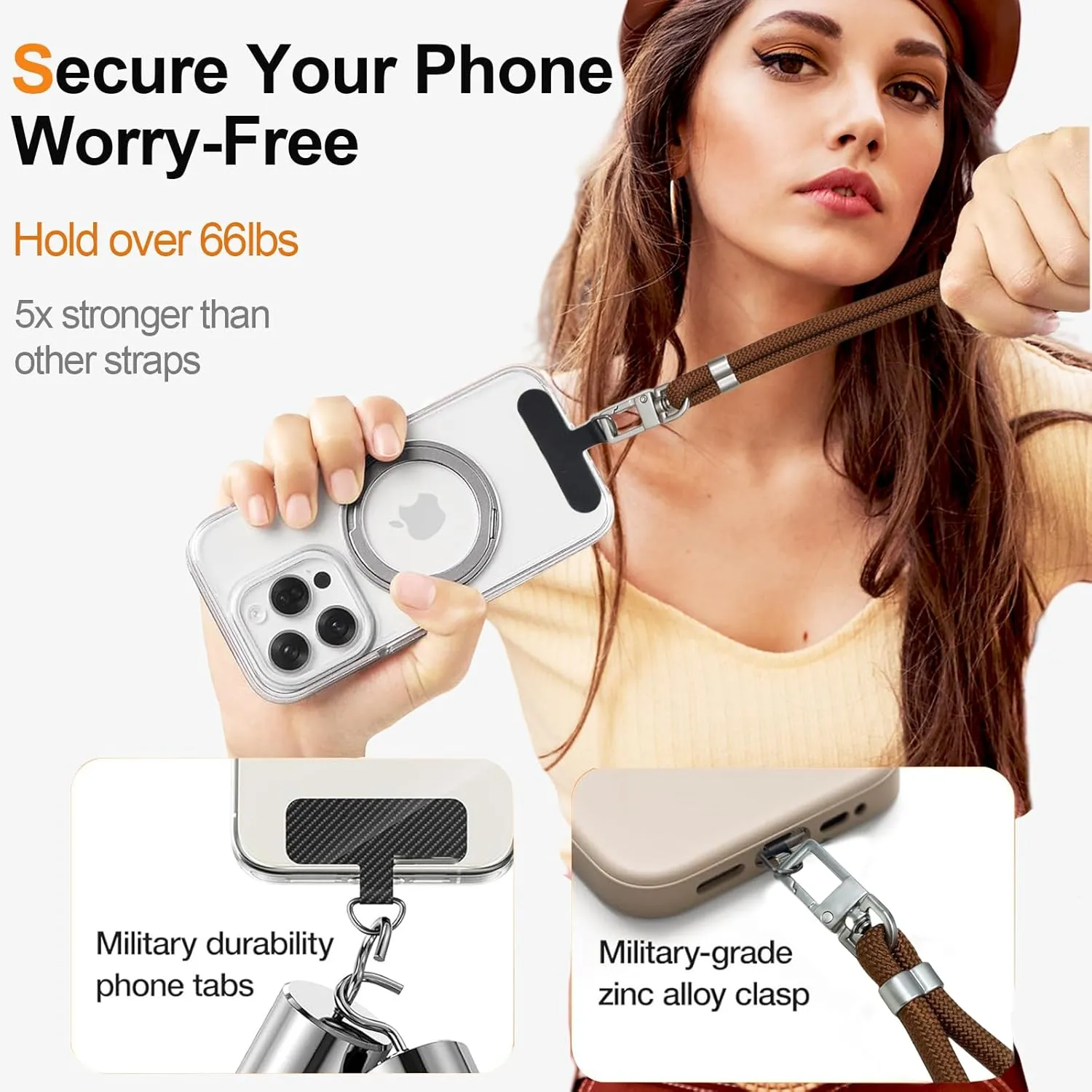 Universal Phone Lanyard Crossbody with Phone Tabs, Adjustable Anti Theft Phone Strap for All Phones, Premium Metal Buckles, Skin-Friendly, iPhone 16 Pro Max lanyard for Women and Men, Brown